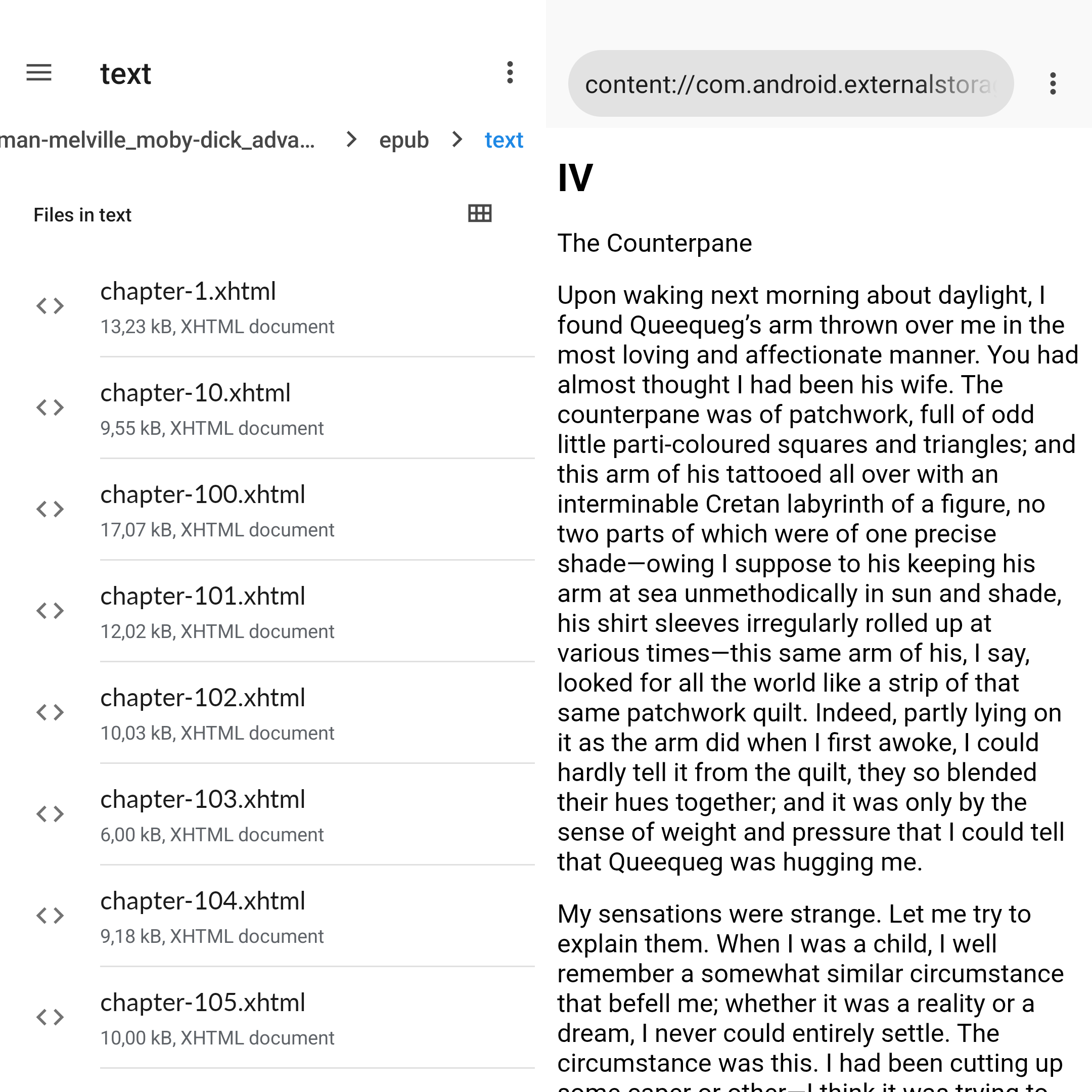 Two screenshots, one of Androids file browser listing chapters of Moby Dick, the other of an Android browser displaying the fourth chapter of Moby Dick