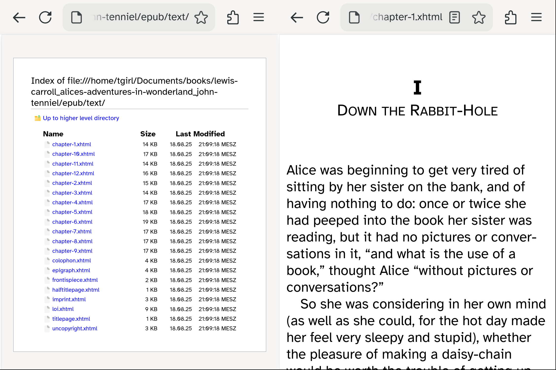 Screenshot of two browser windows side by side. On the left a chapter select, on the right the first chapter of Alice in Wonderland